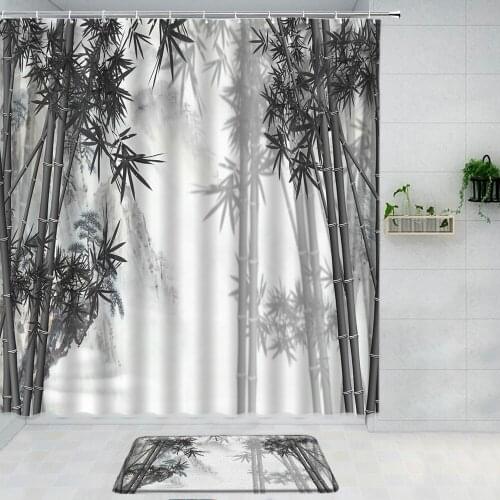 Black Ink Bamboo Shower Curtain Set Bath Mat Carpet Plant Washable Bathroom Curtain Mats Bathroom Decoration Bathtub Accessories