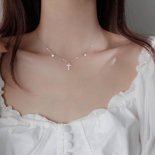 Silver Plated CZ Crystal Cross Heart Star Pendant Choker Necklace for Women Light Luxury Clavicular Chain Cocktail Party Jewelry