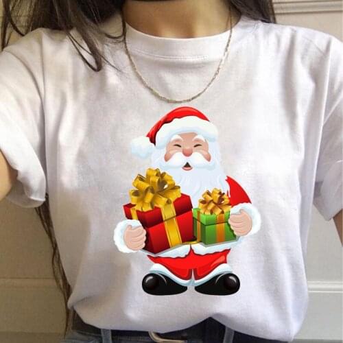 Women Short-sleeved Shirt Ladies Round Neck Clothes Funny Cartoon Santa Claus Print White T-shirt Oversize