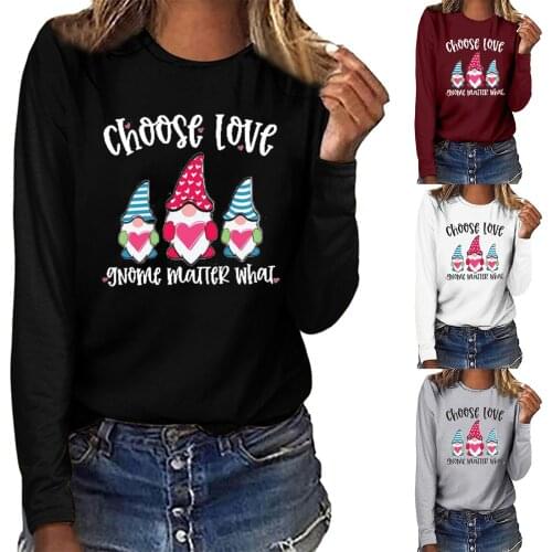 Women Long Sleeve Valentine Day Ladies Sweatshirt Lovely Cartoon Mans Text Splicing Printing Solid Color All-match Girls T-shirt