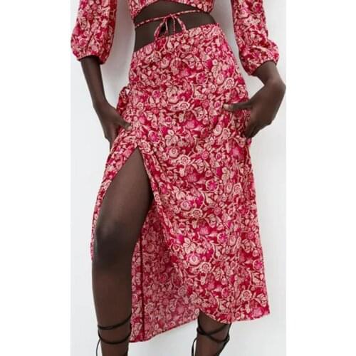 2021 summer Za fashion red printed MIDI gauze cage womens skirt leisure high waist buckle tie split skirt
