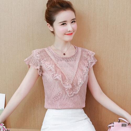 Lace Hollow Out Solid Blouses Shirts Chiffon O-Neck Short Sleeve Tops Womens Summer 2021 New Sweet Blusas Plus Size