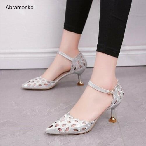 Hollow-Carved Women Sandals Summer Style Retro Black Sandals Ankle Buckle Strap High Hoof Thick Heels Pumps Shoes Size 35-39