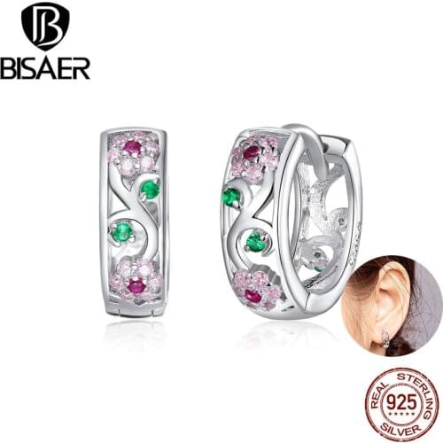 BISAER Pink Flowers Hoop Earrings Real 925 Sterling Silver Colorful Zircon Round Earrings For Women Romantic Jewelry EFE403