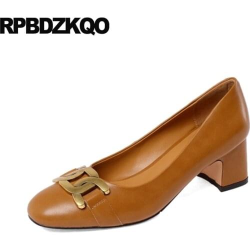 Pumps Size 33 Metal Genuine Leather Round Toe Chic Block High Heels Designer Women Luxury 2021 Black Medium Retro Brown Ladies