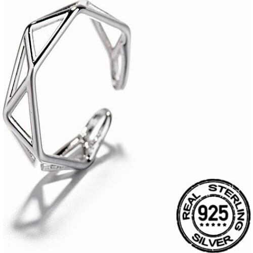 Sterling Silver Womens Ring Opening Hollow Triangle Geometry Simple Elegant Three-Dimensional Design Personality Girls Jewelry