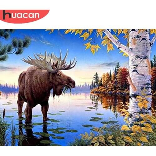 HUACAN 5d Diamond Painting Deer River Tree Scenery Diamond Embroidery Mosaic Animal Landscape Wall Decor