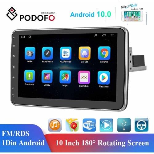 Podofo Android 10.0 1Din Car Multimedia Player 10Inch 180° Rotatable Horizontal & Vertical Screen Wifi Version USB Stereo Radio