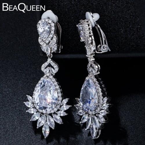 BeaQueen Gorgeous Long Water Drop Clip On Non Pierced Wedding Earrings Cubic Zirconia Crystal No Hole Ear Women Jewelry E205