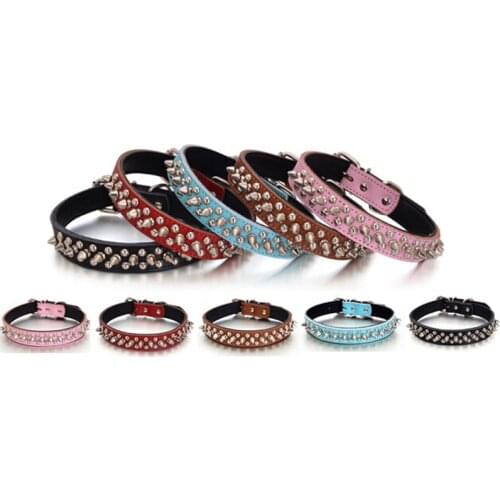 Free Shipping Pet Dog Rivet Collar Spiked Studded Strap Collar Buckle Neck PU Leather Pet Products Mix 5 Colors Pet Collars