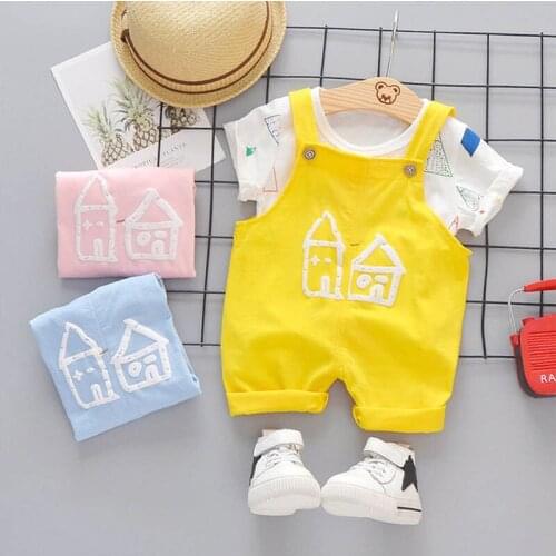 Kids Girls Summer 2PCS 2021 Baby Casual Round Neck Printed T-Shirt + Trendy Overalls Children Infant Fashion Clothing Set Outfit