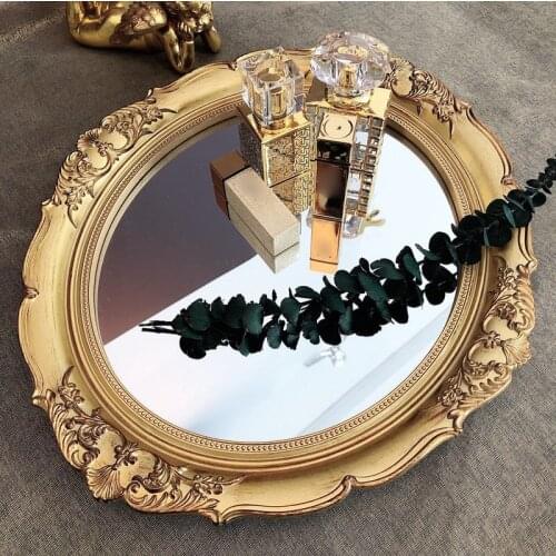 European Vintage Storage Trays Decorative Gilded Relief Craft Jewelry Cosmetic Glass Mirror Tray Room Dressing Table Decoration