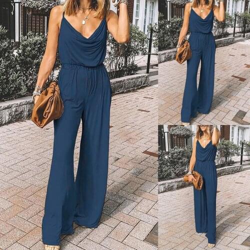 50# New Summer Jumpsuits Womens Fashion Solid Color Bodysuit Suspenders Wide Leg Plus Size Jumpsuit 2021 combinaison femme