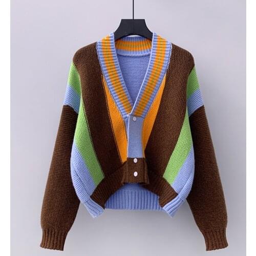 Thick needle short contrast color matching sweater cardigan coat female 2021 womens autumn new Korean loose top fashion