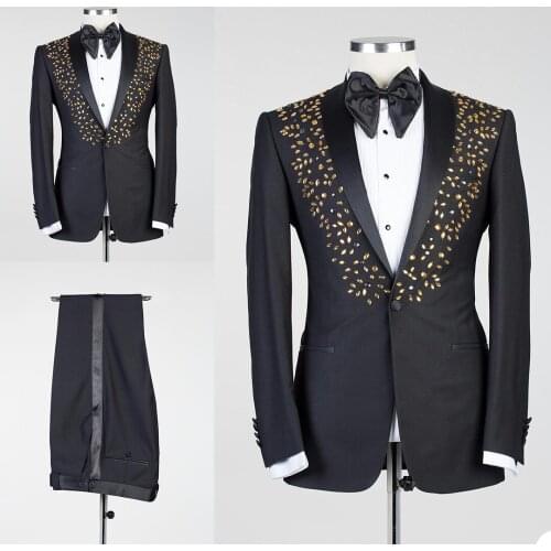 Crystal Beading Mens Wedding Tuxedos Groom Slim Fit One Button Blazer Suits Formal Prom Party Pants Coat(Jacket+Pants)