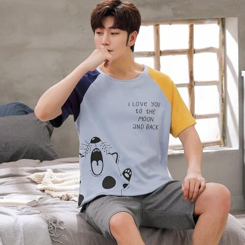 Mens Pajamas Set Spring Summer Leisure Elastic Waist Men Sleepwear Cotton Mens Short Sleeve Nightwear Funny Cartoon Home Wear