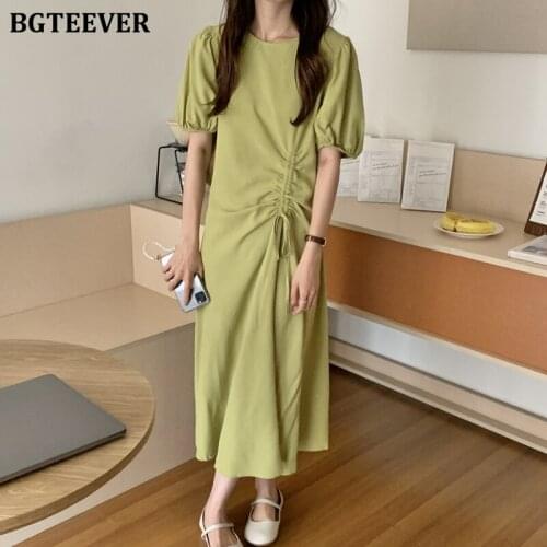 BGTEEVER Elegant Summer Women Drawstring Solid Dress O-neck Short Sleeve Female A-line Dress Casual Slim Waist Ladies Vestidos