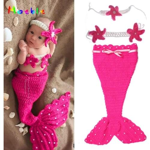 Crochet Mermaid Newborn Girl Outfit Baby Girl Crochet Pearl Cocoon&Flower Headbands Photo Props Infant Cartoon Costume MZS-14113