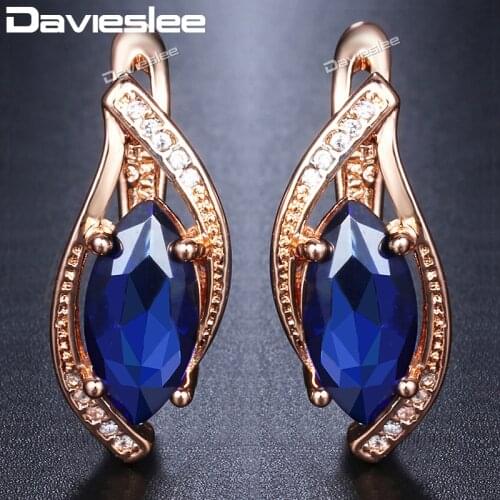 Davieslee Blue Stone Stud Earrings For Women 585 Rose Gold Filled Leaf Shaped Round Womens Earring Fashion Jewelry Gift DGE136