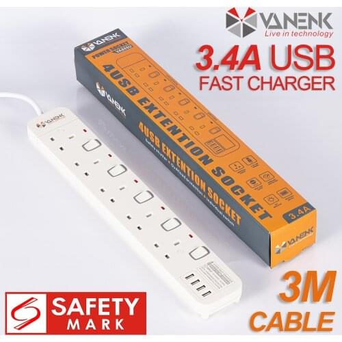 VANENK USB Universal Power Extension Cord Lead Socket Outlet With USB 3.4A Fast Charger Travel Adapter UK EU Plug Top
