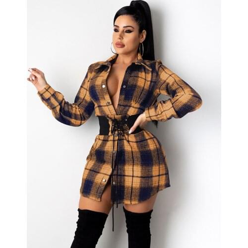 Gothic Plaid Shirt Dress Women Turn-down Collar Long Sleeve Corset Waist Mini Dress Sexy Party Club Dresses for Women Clothes