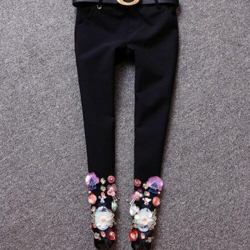 Top Quality Sequins Floral Embrodiered Flares Diamonds Women Suit Pants Fashion Sashes Slim Fit Ankle Length Female Pencil Pants