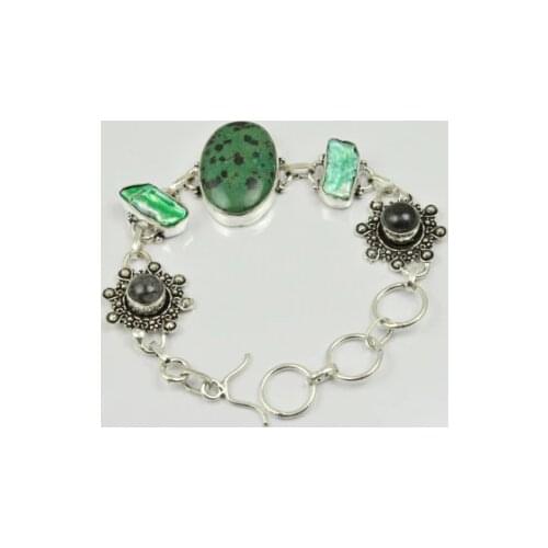 Green Dalmatian Jaspers & Biwa Pearls Bracelet Silver Overlay over Copper , 20.5 cm, B2048