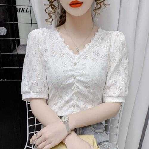 Summer Hollow Out Lace Vintage Blouse Women 2021 New Fashion Korean V Neck White Ladies Tops Streetwear Elegant Blusas Femininas