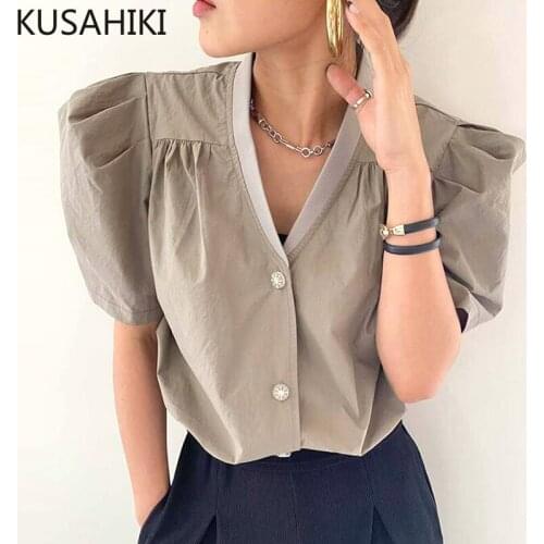 KUSAHIKI Korean Puff Sleeve V-neck Blouse Shirt 2021 New Draw String Slim Women Tops Causal Fashion Elegant Camisas Mujer 6K930