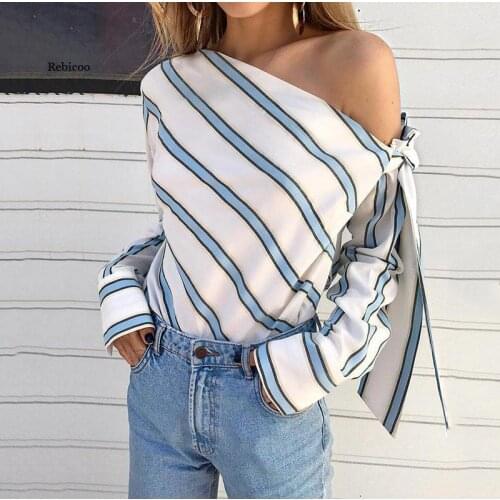 Womens Striped Off Shoulder Bowtie Blouse Sexy Skew Collar Long Sleeve Blouses Summer Fashion Casual Top Female