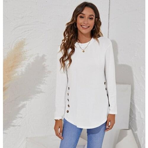 Long Sleeve Black White Loose Button Women T Shirt Autumn O-neck Solid Color Cotton Top Ladies Fashion Clothing Pullovers Tee