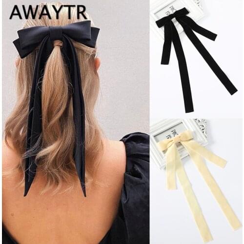 AWAYTR Vintage Black Velvet Bow Hair Clip Hair Ribbon Scrunchie for Women Girls Long Elastic Hair Tie Barrette Hair Accessories