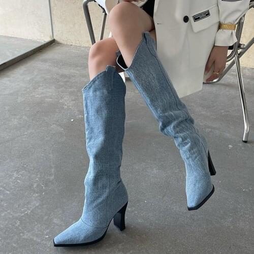 Size35-39 2021 Fashion Spring Hoof Heels Mid-Calf Party Solid Sewing Pointed Toe Square Heel Slip-On Denim Women Knee-High Boots