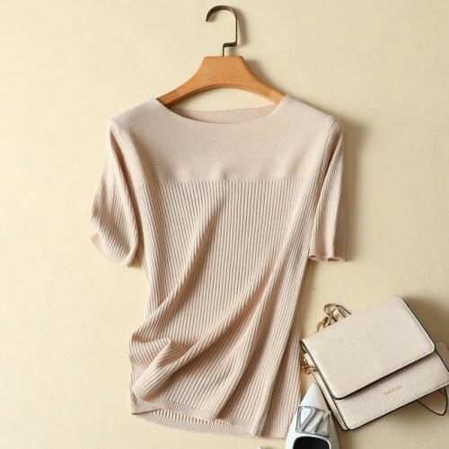 2021 Summer New Knitted Women T-Shirts Office Lady Elegant Casual All Match Tops Tees Solid Top Quality