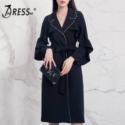 INDRESSM 2019 Women New Fashion Turn Down Collar V Neck Belt Winter Trench Sexy Solid A Line Full Sleeve Long Casual Coat