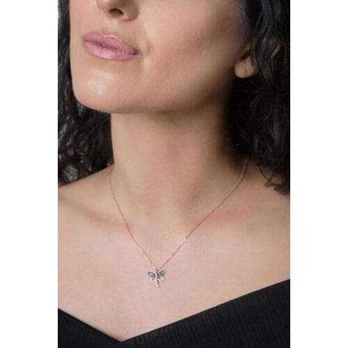 Womens Dragonfly Model Mıx Cz Rose Plated 925 Sterling Silver Necklace