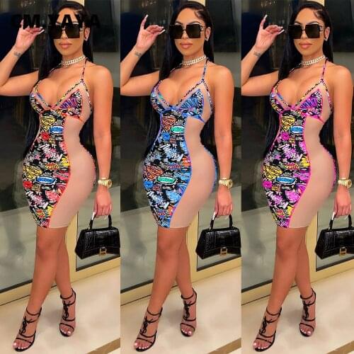 CM.YAYA Women Dress Patchwork Sleeveless Spaghetti Strap Halter V-neck Skinny Elastic Mini Dresses Sexy Night Club Dress Summer