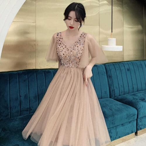 Champagne V-neck Evening Dresses Long 2021 Fashion Women Birthday Sequin Crysta Tulle Gowns Flare Sleeve Elegant Evening Gowns
