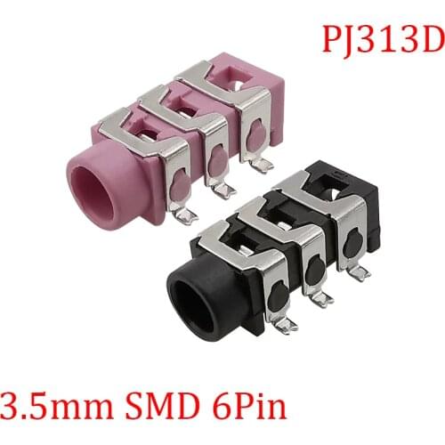 10Pcs/Lot PJ-313D Stereo Headphone Socket PJ313 SMD 6 Pin SMD 3.5mm Female Jack Audio Connector Black and Pink