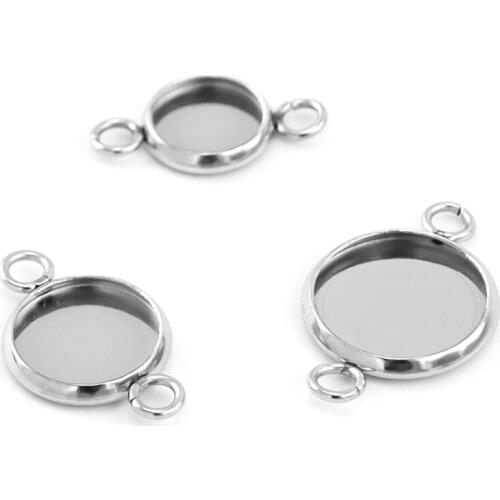 2 ears links round Pendant tray DIY cabochon base 8/10/12/16mm Jewelry diy parts Stainless steel polished Tray 50pcs