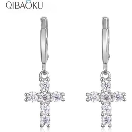 925 Sterling Silver Drop Earrings Trendy Crystal Crosses Bright Korean Style Jewelry Cubic Zirconia Ear Jewelry