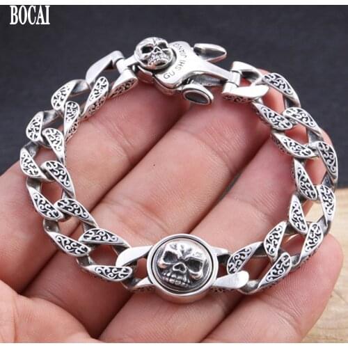 BOCAI new solid S925 pure silver bracelet fashion jewelry tang grass pattern Thai silver personality turning skull man bracelet