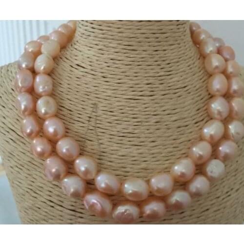 Double strands 12-13mm south sea baroque gold pink pearl necklace 18"19"