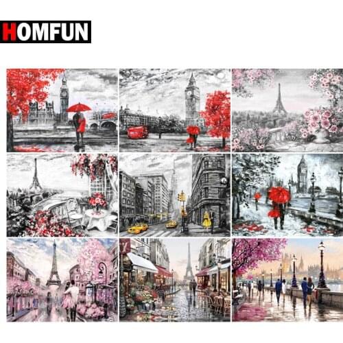 HOMFUN Paint With Diamond Embroidery "Rainy day street scenery" Diamond Painting Full Square Round Picture Of Rhinestone Decor