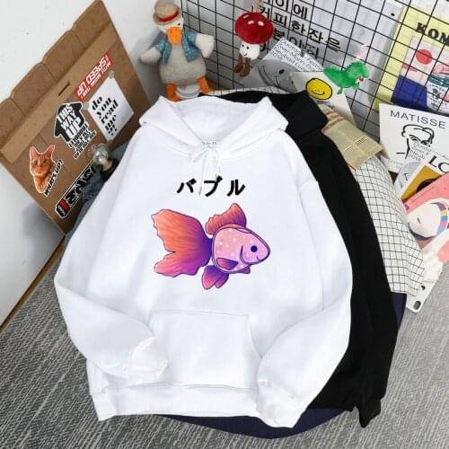 Kawaii Womens Hoodie Top Long Sleeve Pocket Japanese Sweatshirt Goldfish Print Plus Velvet Womens Autumn and Winter Hoodie