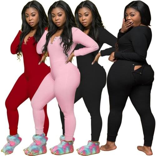2021 New Style Womens Sexy High Waist Skinny Jumpsuit Casual Tight Romper Long Sleeve Long Pants Sleepwear Pajamas