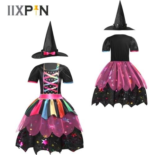 Black Halloween Witch Cosplay Costume for Girls Kids Fancy Ruffle Dress with Hat Christmas Evening Party Star Printed Clothes