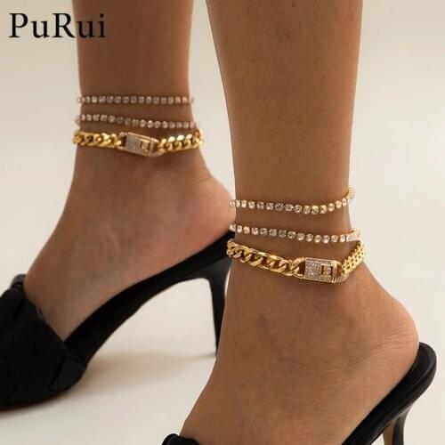 Hip Hop Chunk Iced Out Cuban Chain Anklet for Women 3Pcs/Set Rhinestone Gold Color Foot Bracelet Anklets Jewelry Barefoot Sandal