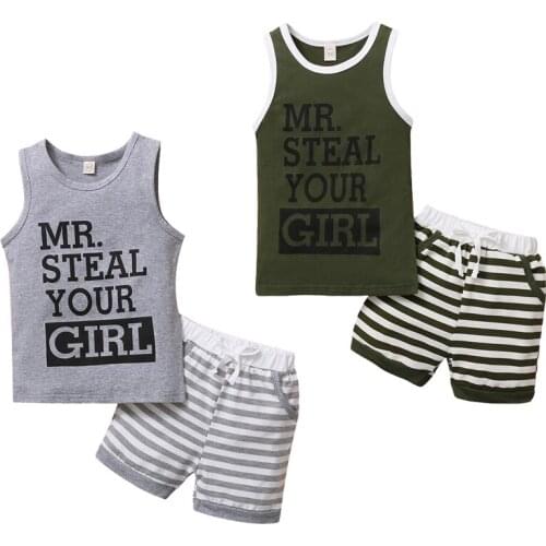 2pcs Summer Little Girl Boys Vest and Shorts Suit Cotton Letter Printed Sleeveless Tops and Stripe Short Pants