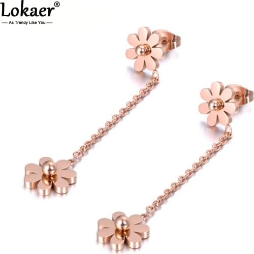 Lokaer Double Small Daisy Long Earrings Female For Woman Titanium Rose Gold Color Steel Jewelry Girls The Best Gift E18330
